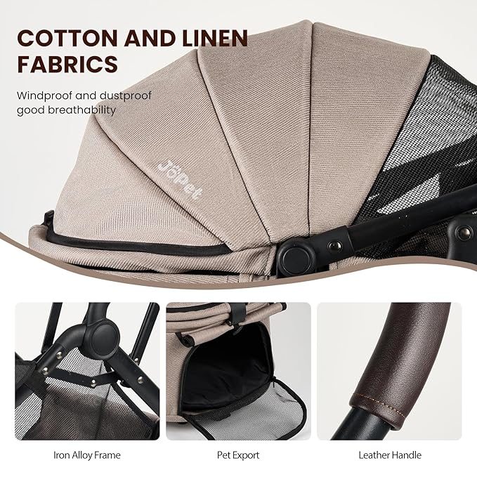 Pet Stroller, Small to Medium Dogs & Cats, Foldable, One-Hand Fold, Detachable Carrier, Latte Color