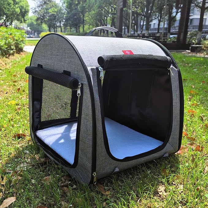 Fabric Portable Pet Kennel/Shelter, Single, Gray, 20"x20"x19.5" - Car Seat-Belt Fixture Included