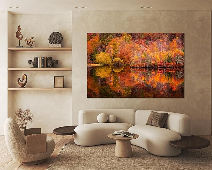 Nature Wall Art Prints - Ocean Forest Mountain Lake Canvas Landscapes - Small to Extra Large Living Room Bedroom Kitchen Bathroom Décor (Autumn Forest with Lake, 16L" x 24W")