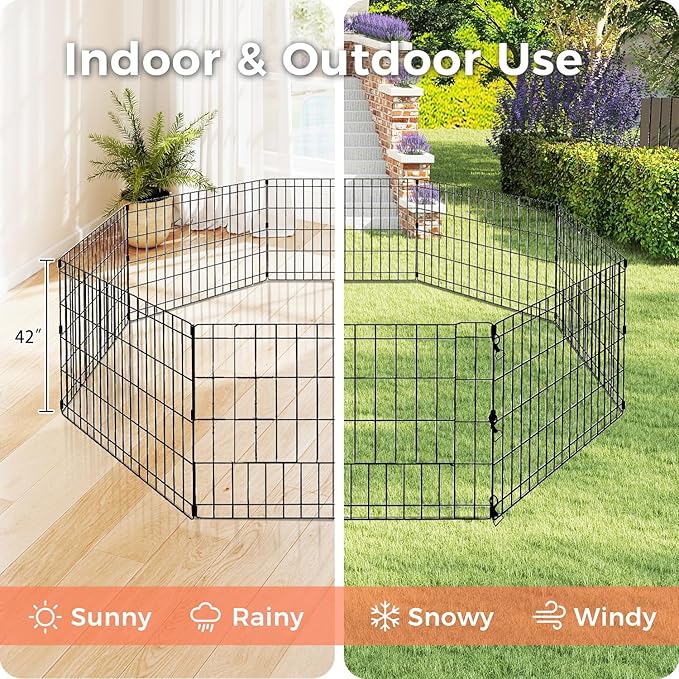 Foldable Dog Playpen 42" Height 8 Panels Metal Exercise Pen No Door - Indoor/Outdoor Dog Play Pen for Medium-Large Dogs, Portable Pet Fence for Yard Garden Camping, Black