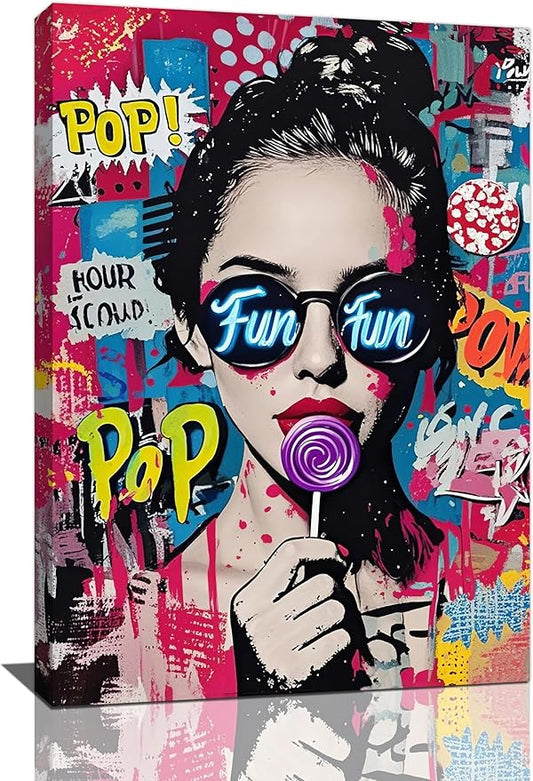 Fashion Women Wall Art Glam Modern Artwork for Girls Banksy Street Graffiti Pop Art Canvas Pictures Painting Print Framed Decorations Gifts for Bedroom Living Room Office 16"x24"
