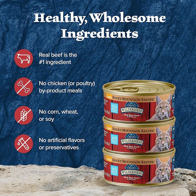 Blue Buffalo Wilderness Rocky Mountain Recipe Flaked Wet Cat Food, Chicken-Free & Grain-Free Recipe, Made with Natural Ingredients, Red Meat in Tasty Gravy, 5.5-oz. Cans (24 Count)