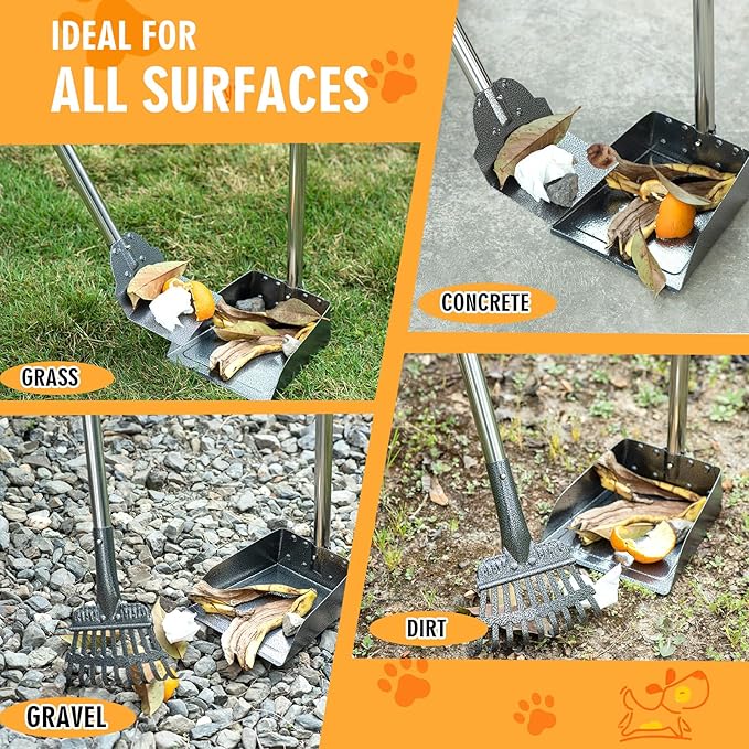TIMINGILA Pooper Scooper Dog Pooper Scooper Long Handle Stainless Metal Tray Rake Spade Set for Large Medium Small Dogs Easy to Clean Pet Waste Use for Yard, Grass, Dirt or Gravel - Pet Supplies