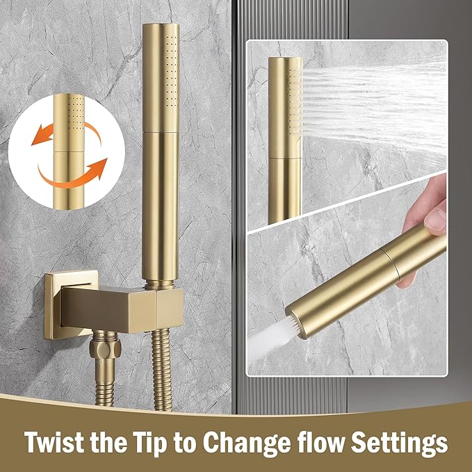12 Inch Rain Shower System, Brushed Gold Shower Faucet Set with Push Button Diverter, 6 Inch Wall Mounted 3-Functions Bathroom Shower Systems with Dual-Function Handheld