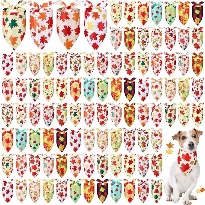 Chunful 100 Pieces Fall Dog Bandanas Bulk Autumn Pet Bandanas with Maple Leaves Patterns Triangle Scarf Bib Kerchief Set for Small Large Dog Thanksgiving Costume Accessories (31.5 x 21.7 x 21.7)