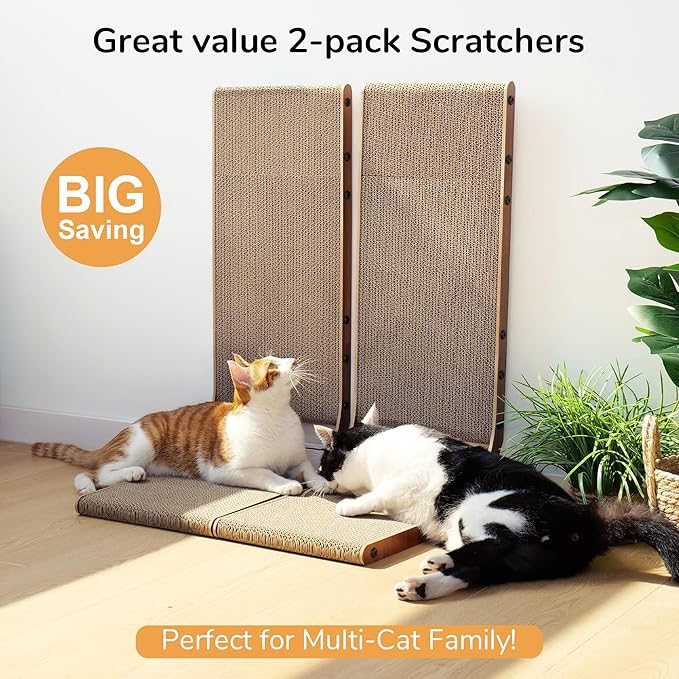 FUKUMARU Cat Scratcher, 26.8 Inch Cat Scratch Pad for Indoor Cats, L Shaped Cardboard Vertical Cats Scratching Board with Ball Toy, Walnut Color, 2 Packs