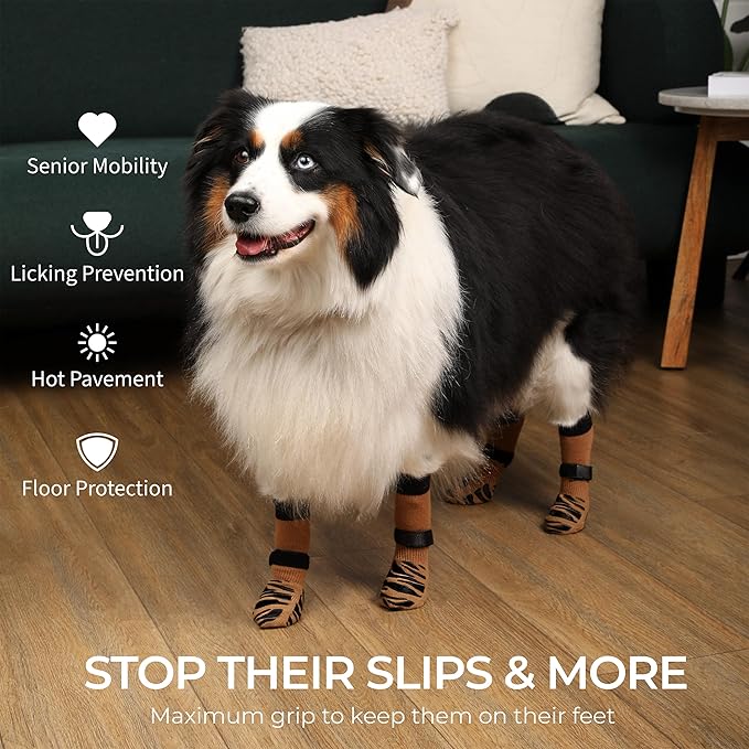 DOK TigerToes Premium Non-Slip Dog Socks for Hardwood Floors - Extra-Thick Grip That Works Even When Twisted - Prevents Licking, Slipping, and Great for Dog Paw Protection (Cool Caramel, Medium)