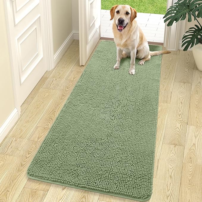 OLANLY Dog Door Mat for Muddy Paws 70x24, Absorbs Moisture and Dirt, Absorbent Non-Slip Washable Doormat, Quick Dry Chenille Mud Mat for Dogs, Entry Indoor Entryway Carpet for Inside Floor, Sage Green