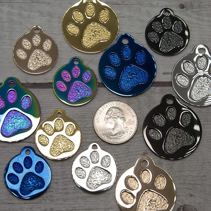 Engraved Pet Tag for Dogs and Cats - Personalized Front & Back up to 4 Lines of Text Custom Engraved ID, Round Paw Print Solid Plating Stainless Steel Blue Regular