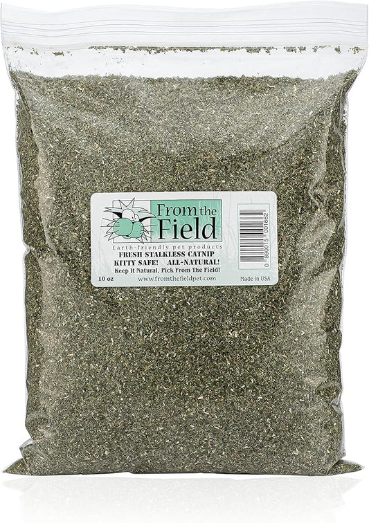 from The Field | Fine Ground Stalkless Catnip | Premium USA-Grown Catnip for Toys & Playtime | Fresh, Potent, Non-Toxic, Eco-Friendly | Safe for Kittens & Cats | Resealable 10 Oz Bag