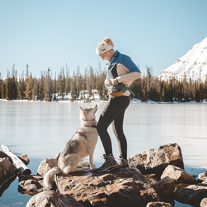 Wilderdog Utility Fanny Pack stores Treats, Balls, Keys in 3 Pockets with adjustable strap and Poop Bag dispenser (Evergreen)