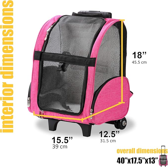 KOPEKS Deluxe Backpack Pet Travel Carrier with Double Wheels for Pets up to 18 Pounds - Pink