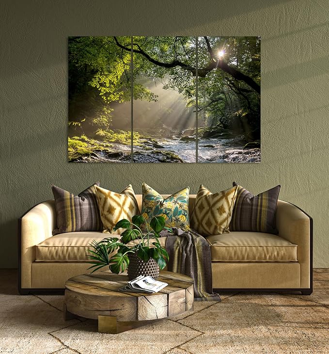 Nature Wall Art Prints - Ocean Forest Mountain Lake Canvas Landscapes - Small to Extra Large Living Room Bedroom Kitchen Bathroom Décor (Rocky River in the Woods, 55L" x 83W"- 3 Panels)