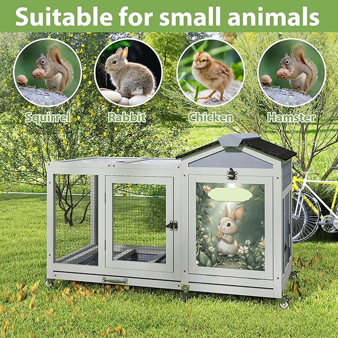 COZIWOW 39inches Assembled Wood Rabbit Hutch Indoor，Wide Space Small Animal Houses with Removable Tray&Safety Lock，Bunny Cage with Waterproof Roof&Solar Panels (Grey with Pattern)