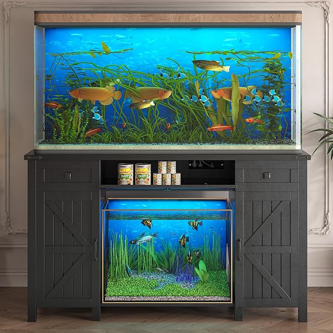 55-75 Gallon Aquarium Stand With Charging Station, Farmhouse Fish Tank Stand, Reptile Tank Stand Terrarium Stand with Drawer and Cabinet Storage, Sturdy Heavy Duty 53.5"×19.7" Tabletop - Black