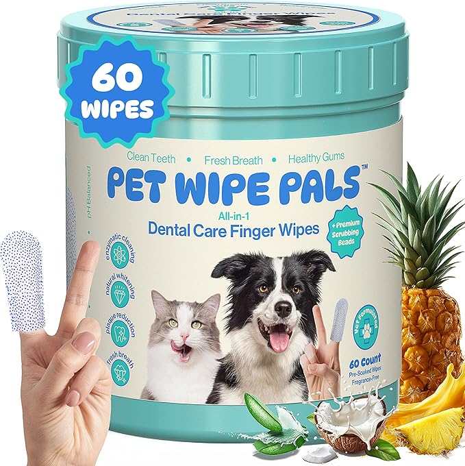 All-in-1 Dog Teeth Cleaning Wipes | Enzymatic Whitening + Premium Scrubbing Beads | No Mess, Pet Dental Wipes & Finger Tooth Brushing Kit | Plant-Based Dental Care for Cats & Dogs (60 Count)