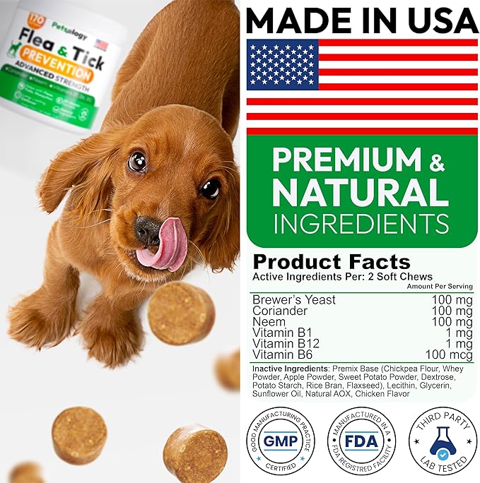 Flea and Tick Prevention for Dogs Pills - Natural Dog Flea & Tick Control - 170 Soft Chewables - Oral Defense Treatment for Dogs Supplement - Vet Formulated Chews - All Breeds & Ages - Made in USA