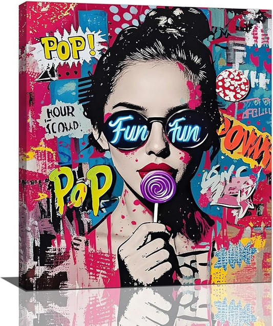 Fashion Women Wall Art Glam Modern Artwork for Girls Banksy Street Graffiti Pop Art Canvas Pictures Painting Print Framed Decorations Gifts for Bedroom Living Room Office 20"x24"