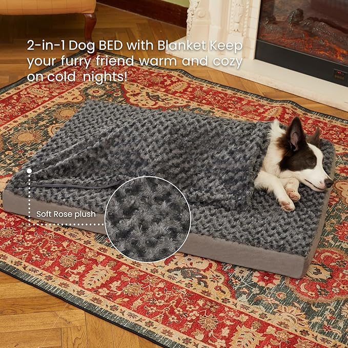Orthopedic Memory Foam Bed for Large Dogs, Waterproof Cooling Pet Mats for Crate with Removable Washable Cover,Ideal for Arthritic Dogs (X-Large-41"x 29" x 4", Rose Plush+Blanket)