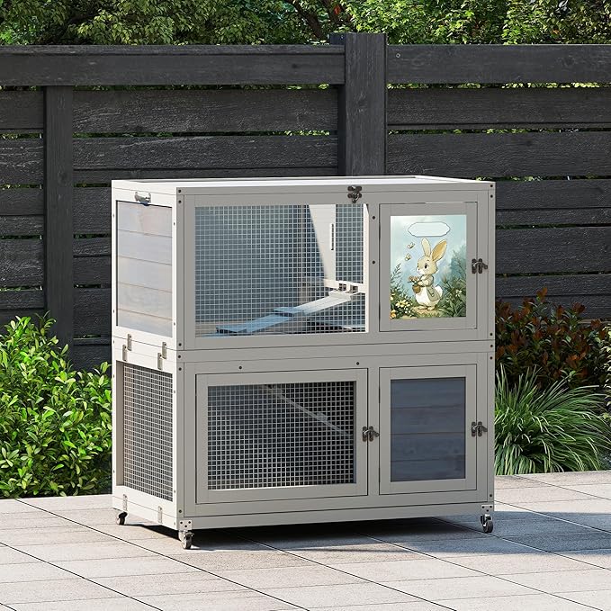 2-Story Wooden Rabbit Hutch for Outdoor & Indoor, Bunny Cage Rabbit House with Wheels, Trays, Ramp, Pet Home for Guinea Pigs, Chickens, Chicken Coop, Gray with Colorful Patterns