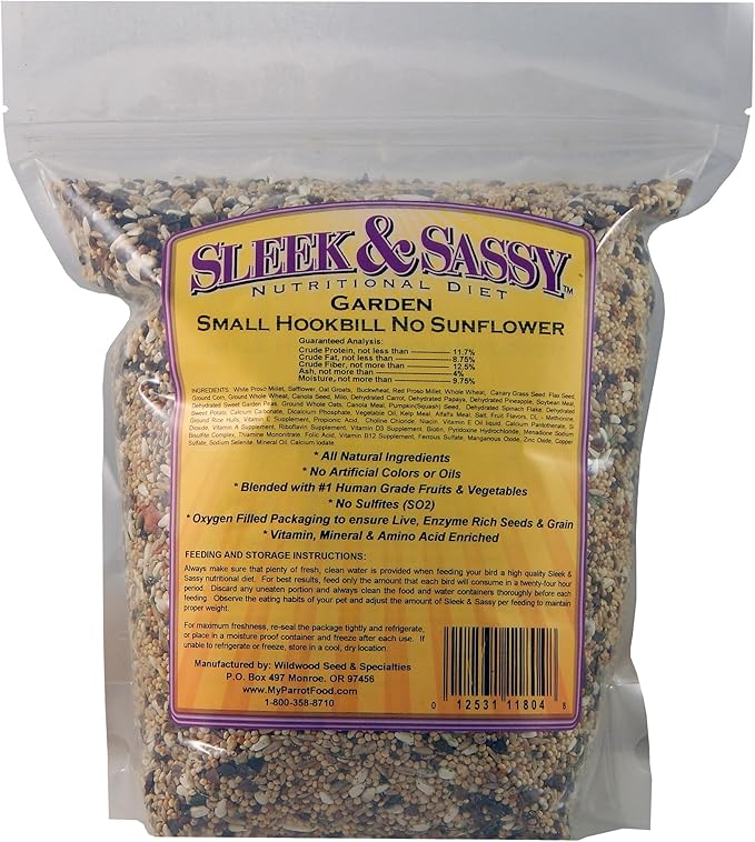 SLEEK & SASSY Garden Small Hookbill No Sunflower Bird Food for Lovebirds, Cockatiels, Quaker Parrots & Small Conures (4 lbs.)