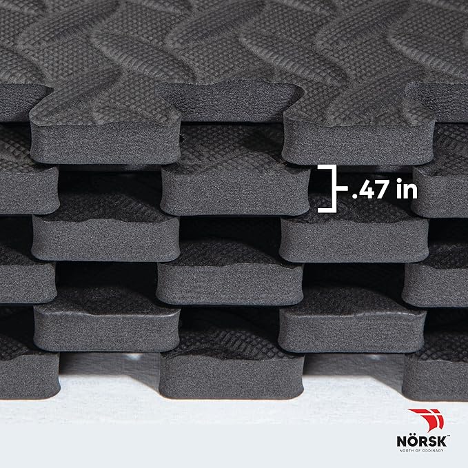 Norsk Foam Floor Gym Mats with Interlocking Tiles, .47" Thick, 24"x24", 24-Pack, 96 Square Feet, Diamond Plate Design, Grey