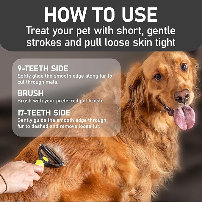 Maxpower Planet Pet Grooming Brush - Double Sided Shedding, Dematting Undercoat Rake for Dogs and Cats - Extra Wide Dog Grooming Brush - Yellow