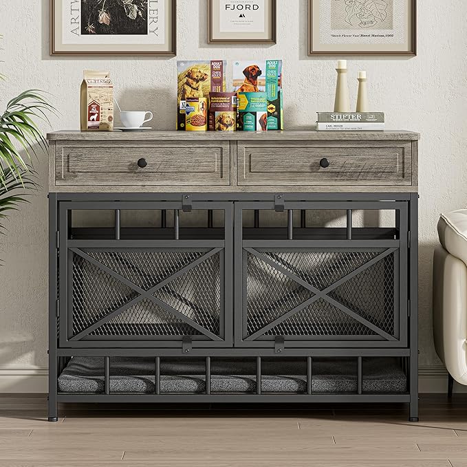 IRONCK 44 inch Large Dog Crate Furniture, Wooden Dog Kennel with Storage Drawers for Medium/Large Dogs, Decorative Dogs Kennel Indoor, Light Ivory