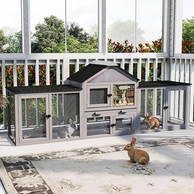 COZIWOW 82inches Extra Large Wood Rabbit Hutch Outdoor Easy to Assemble and Stable Bunny Cage Indoor with Cleaning Tray & Waterproof Roof for Small and Medium Bunny Rabbit Chick (Grey)
