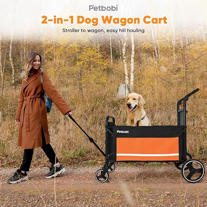Petbobi Dog Wagon Stroller for Large & Medium Dogs - 2-in-1 Push-Pull Pet Stroller with Ramp, Foldable All Terrain Wagon Cart, One-Step Brake, Suitable for Outdoor Walks & Camping, Orange