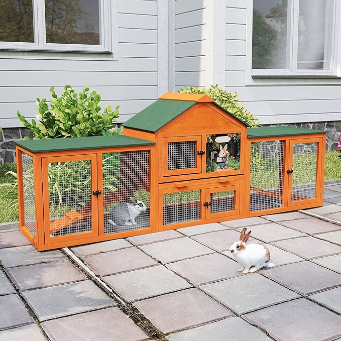 COZIWOW 82” Extra Large Fashion Wooden Outdoor Rabbit Hutch Bunny Cage Indoor Easy to Assemble and Durable with Cleaning Tray & Waterproof Roof for Small & Medium Bunny Rabbit Duck Chick (Orange)