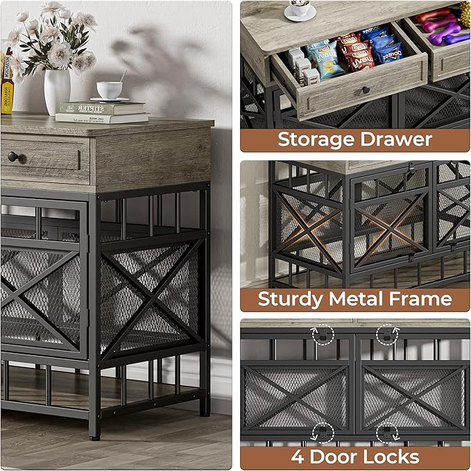 IRONCK 44 inch Large Dog Crate Furniture, Wooden Dog Kennel with Storage Drawers for Medium/Large Dogs, Decorative Dogs Kennel Indoor, Light Ivory