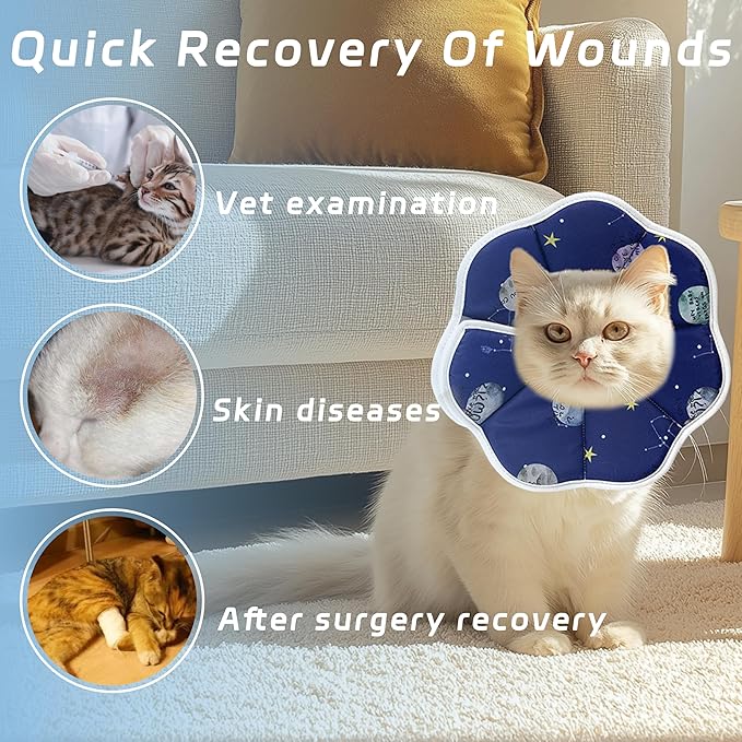 Soft Adjustable Cat Cone Collar - Comfortable Recovery Collar for Cats After Surgery (Blue, Small)