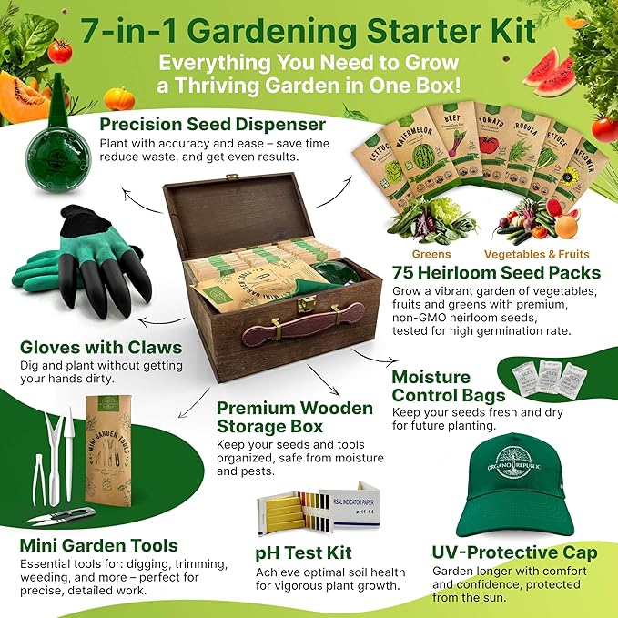 75 Vegetable & Greens Seeds Variety Pack, Garden Seed Starter Kit - Over 44,700 Non-GMO Heirloom Seeds for Planting Vegetables and Greens, Gift Seed Box with Gardening Supplies, Survival Kit