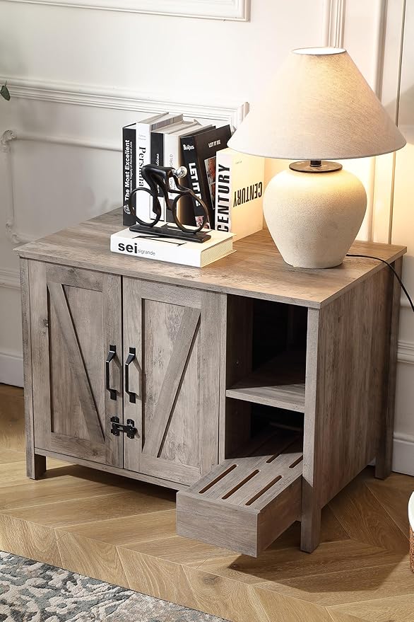 31.9'' Small Cat Litter Enclosure,Adjustable Shelf for Dog Proof and Storage,Locks Added for cat,Cat Litter Collector,Small Indoor Cat House,Grey