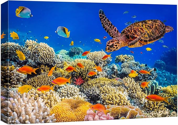 wall26 Canvas Print Wall Art Neon Coral Reef Blue Hippo Tang Fish Turtle Nature Animals Photography Realism Rustic Scenic Landscape Wilderness Colorful for Living Room, Bedroom, Office - 24"x36"