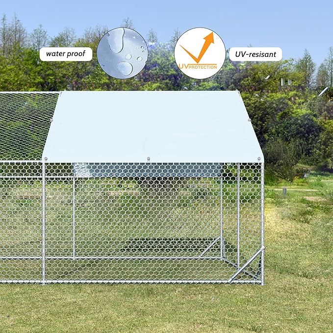 4ever2buy Large Metal Chicken Coop with Run Walk-in Poultry Cage Chicken Runs House Pen Cage Spire Roofed Chicken Coops with Anti-Ultraviolet Cover for Outdoor Yard Farm Use 9.8’L x 13.1’W x 6.4’H