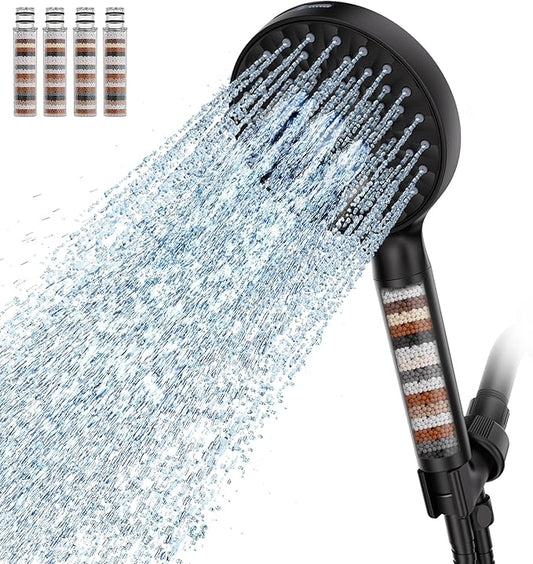 Filtered Shower Head with Handheld, High Pressure 9 Spray Mode Matte Black Showerhead with 4 Filters, Detachable Shower Head, Water Softener Filters Beads for Hard Water - Remove Chlorine