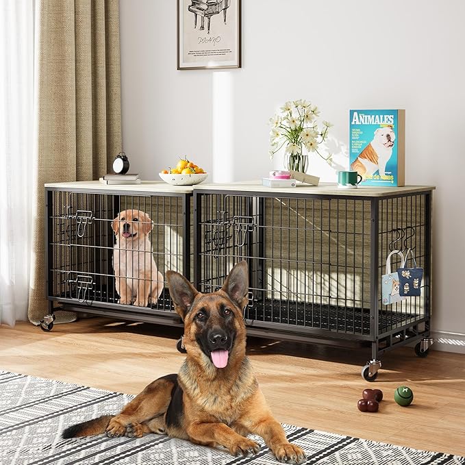 Dog Crate Furniture, 32.5" Wooden Dog Crate Furniture Side End Table, Indoor Kennel with Double Doors, Dog Crates for Medium Dogs, Grey