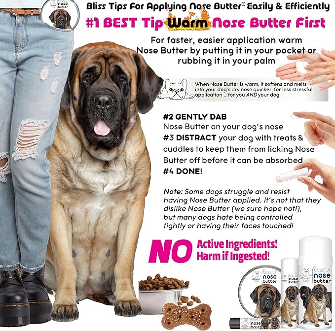 The Blissful Dog Mastiff Nose Butter for Dry, Cracked Skin, Lick-Safe Dog Nose Balm with Moisturizing Shea Butter, Almond, Olive, and Essential Oils, Pet Supplies, Uncented, 0.15 oz.