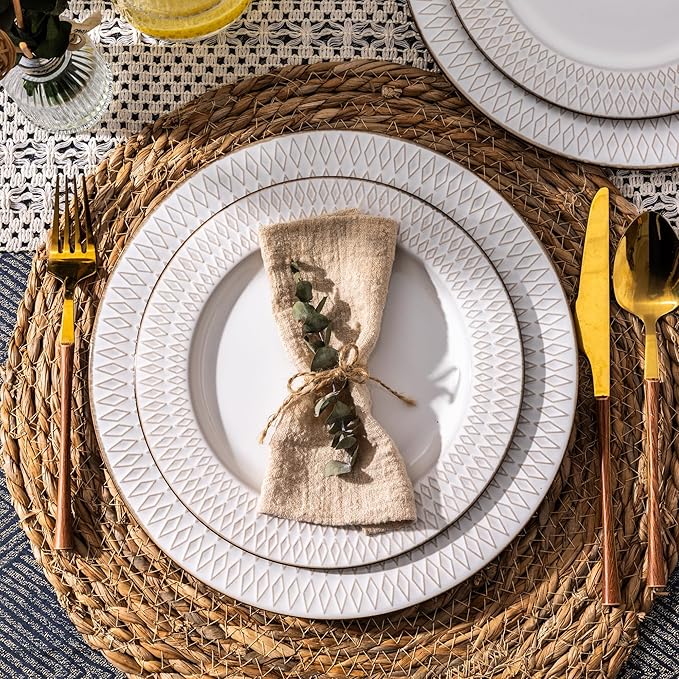 GBHOME Ceramic Dinnerware Sets, 24 pcs Embossed Elegant Stoneware Plates and Bowls Sets, Housewarming Wedding Gift | Dishwasher & Microwave Safe | Dishes Set Service for 8