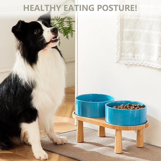 Ceramic Elevated Dog Bowls, Pet Food and Water Bowl Set for Large Dogs, 7.5 Cups Dog Bowls Raised with Wood Stand, 61OZ, Blue
