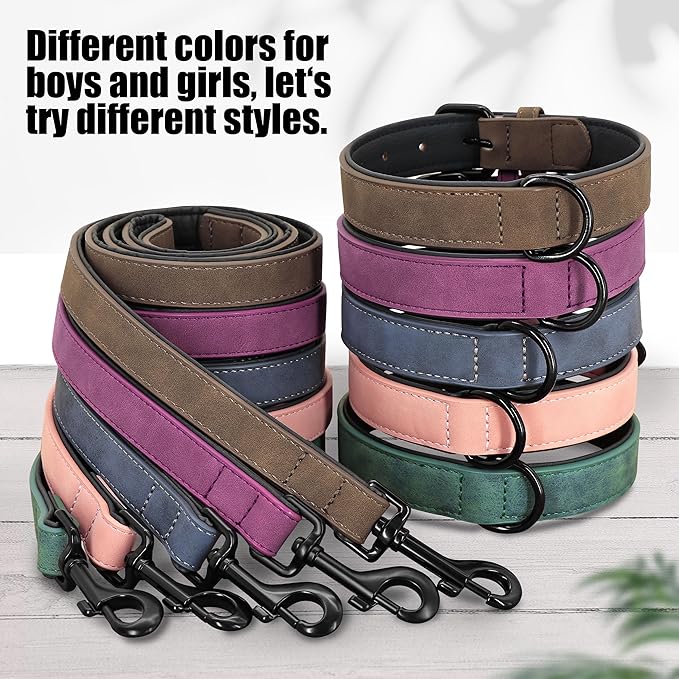 Didog Soft Padded Leather Dog Collar and Leash Set, Adjustable 4FT Faux Leather Dog Leash and Collar Set with Metal Buckle for Small Medium Large Dogs, Green, L