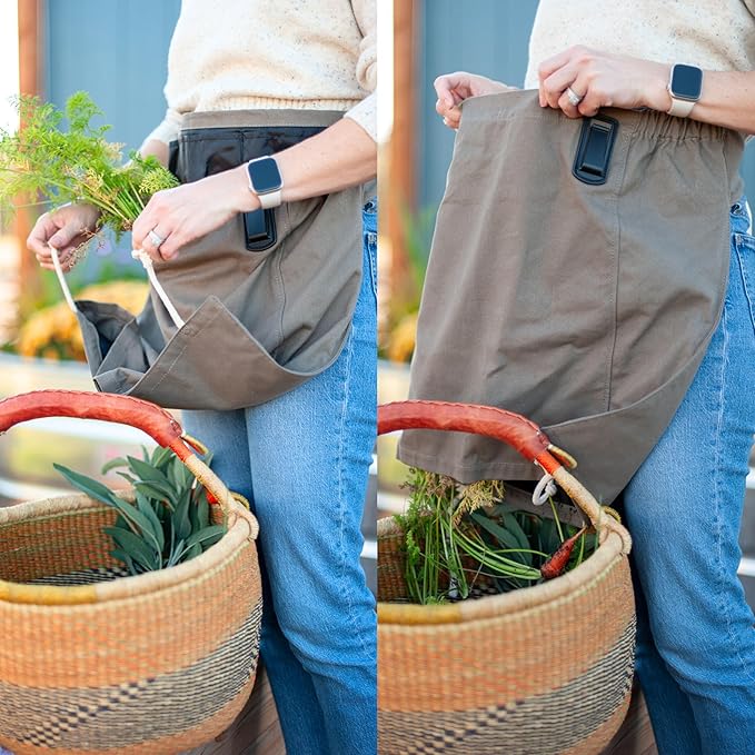 Roo Gardening Apron with Pockets & Harvesting, Picking Pouch - Adjustable, Water-resistant, Washable Canvas Cotton