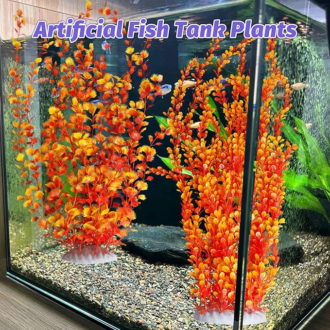 Hamiledyi Aquarium Plastic Plants Aquarium Decor Artificial Fish Tank Plants,Tall Fish Tank Decorations, Extra Large Aquarium Plant 23.6-inch Tall,2PCS（Orange Style B）
