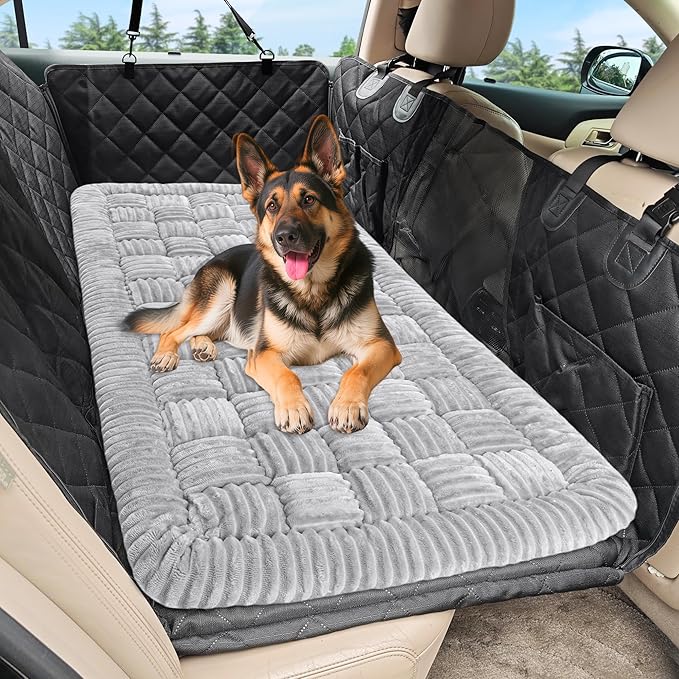 Dog Car Bed Mat, Non-Slip Backseat Extender Pet Blanket, Plaid Dog Bed for SUVs, Sedans & Trucks, Chew-Resistant Travel Pad for Dogs, Easy Clean & Scratch-Proof & Comfort (50"x24.6") Light Gray