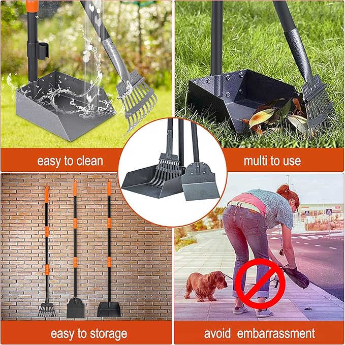 Niubya Pooper Scooper for Dogs, Metal Poop Scooper Tray Spade and Rake Set, Poop Scoop with Adjustable Long Handle, Dog Pooper Scooper for Pet Waste Removal