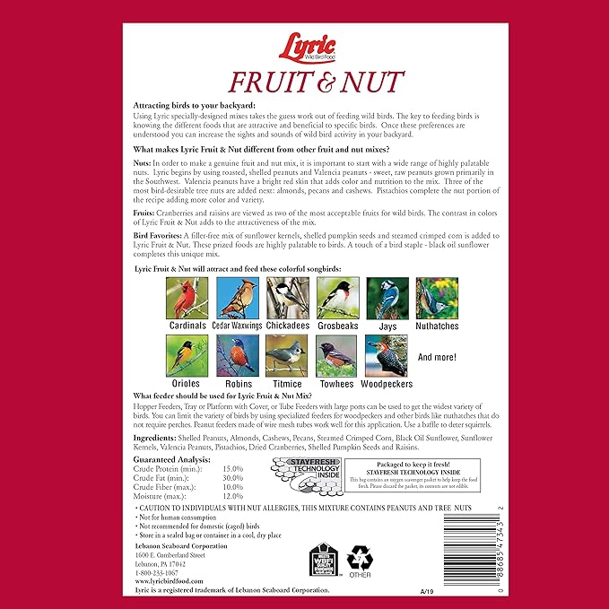 Lyric Fruit and Nut Wild Bird Seed - High Energy Wild Bird Food Mix - Attracts Woodpeckers, Chickadees & Other Songbirds - 10 lb. (pack of 2 - 5 lb bags)