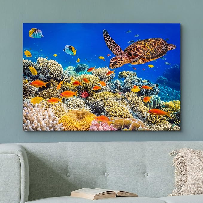 wall26 Canvas Print Wall Art Neon Coral Reef Blue Hippo Tang Fish Turtle Nature Animals Photography Realism Rustic Scenic Landscape Wilderness Colorful for Living Room, Bedroom, Office - 24"x36"