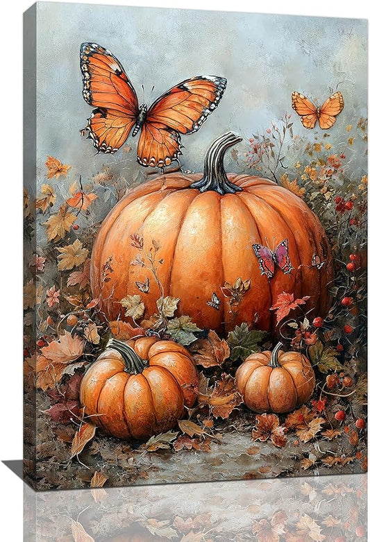 Fall Pumpkin Pictures Wall Art, Rustic Thanksgiving Bathroom Wall Decor, Farmhouse Autumn Butterfly Framed Painting Canvas Artwork for Harvest Gift Bedroom Living Room Decorations 24"L x 16"W